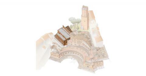 Ricostruzione grafica dei Mercati di Traiano con la Grande Aula in evidenza