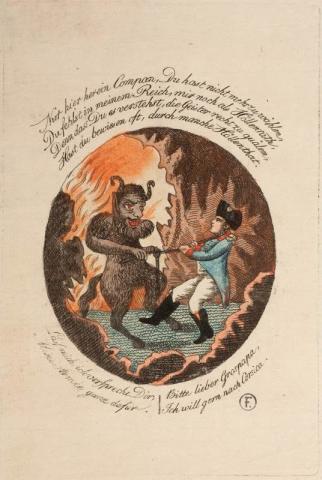 Anonimo di ambito tedesco, Il diavolo e Napoleone, stampa acquerellata, 1813-1814 (Ajaccio, Palais Fesch-Musée des Beaux-Arts) © Palais Fesch-Musée des Beaux-Arts