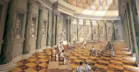 Ricostruzione grafica dell'esedra settentrionale del Foro di Augusto allestita a tribunale